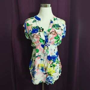 Siren Lily watercolor floral blue pink white top S size maternity elastic waist